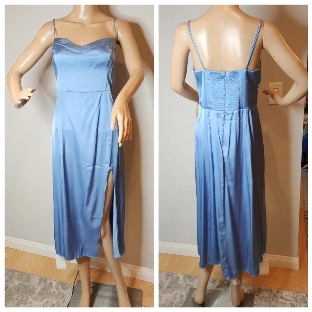 NWT Abercrombie Camille Blue Satin Smocked‎ Sleeveless Midi Dress Size MP